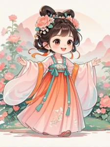 A Vũ – ảnh bìa truyện ngôn tình cổ đại, nữ chính A Vũ diện cổ phục, phong cảnh cung đình lãng mạn.