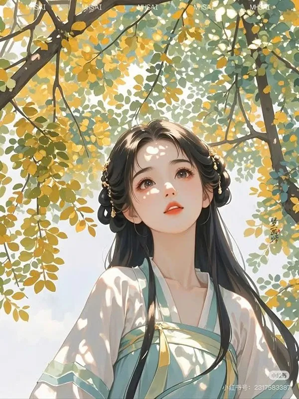 cô gái cổ trang đứng dưới tán hoa, phong cách ngôn tình cổ đại – bìa truyện Hải Đường Đỏ trên Mọt Truyện Chill